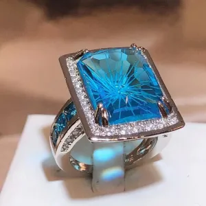 Rectangle Blue Topaz Ring for Women Silver Engagement Bridal Jewelry