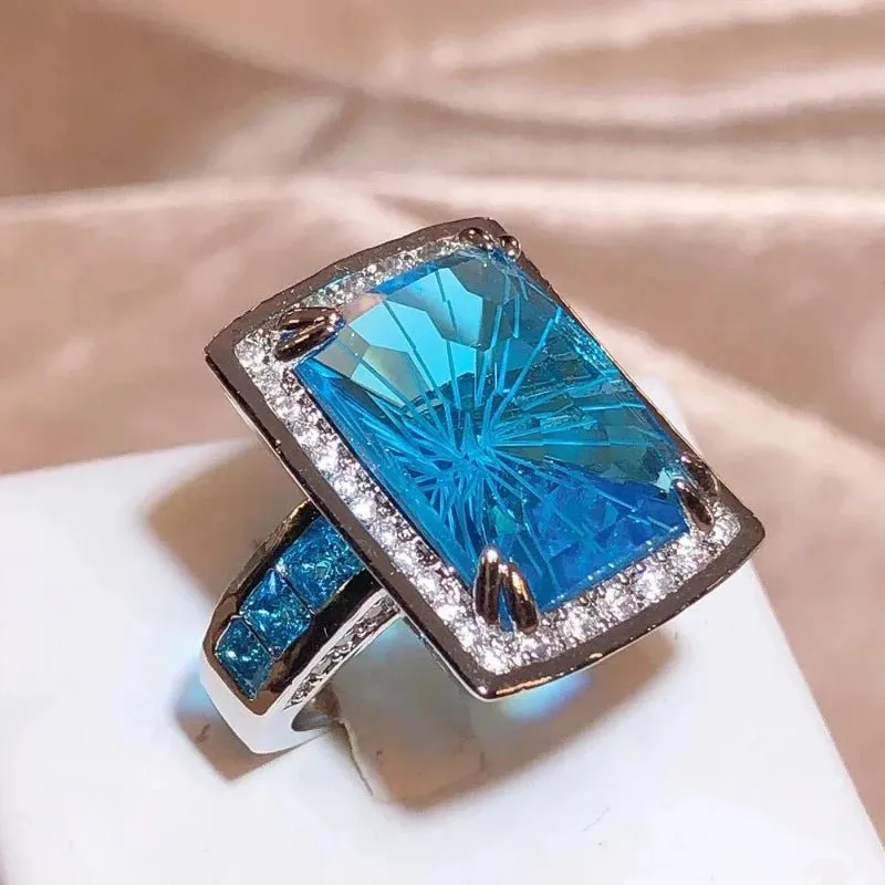 Rectangle Blue Topaz Ring for Women Silver Engagement Bridal Jewelry