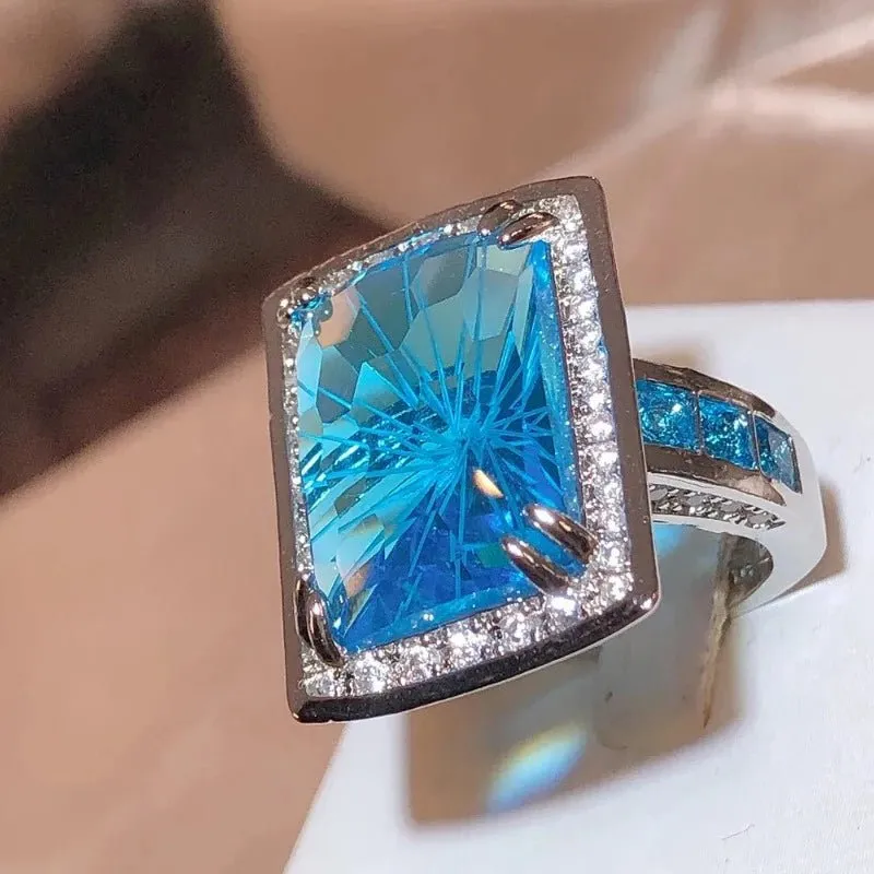 Rectangle Blue Topaz Ring for Women Silver Engagement Bridal Jewelry