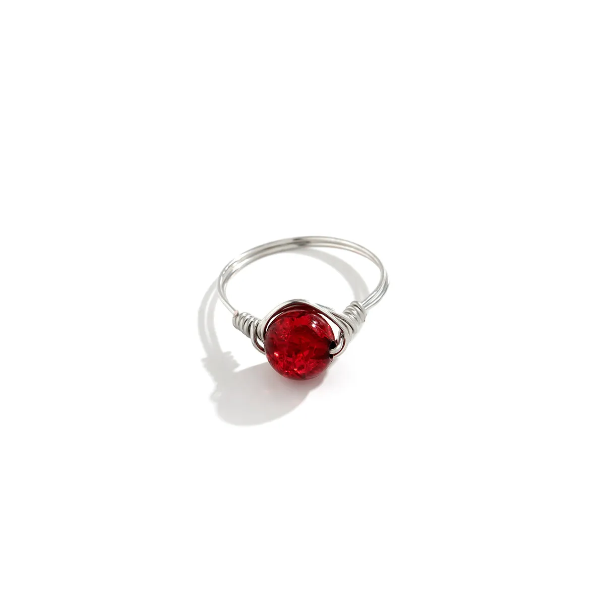 Red Acrylic & Silver-Plated Wire-Wrapped Ball Ring