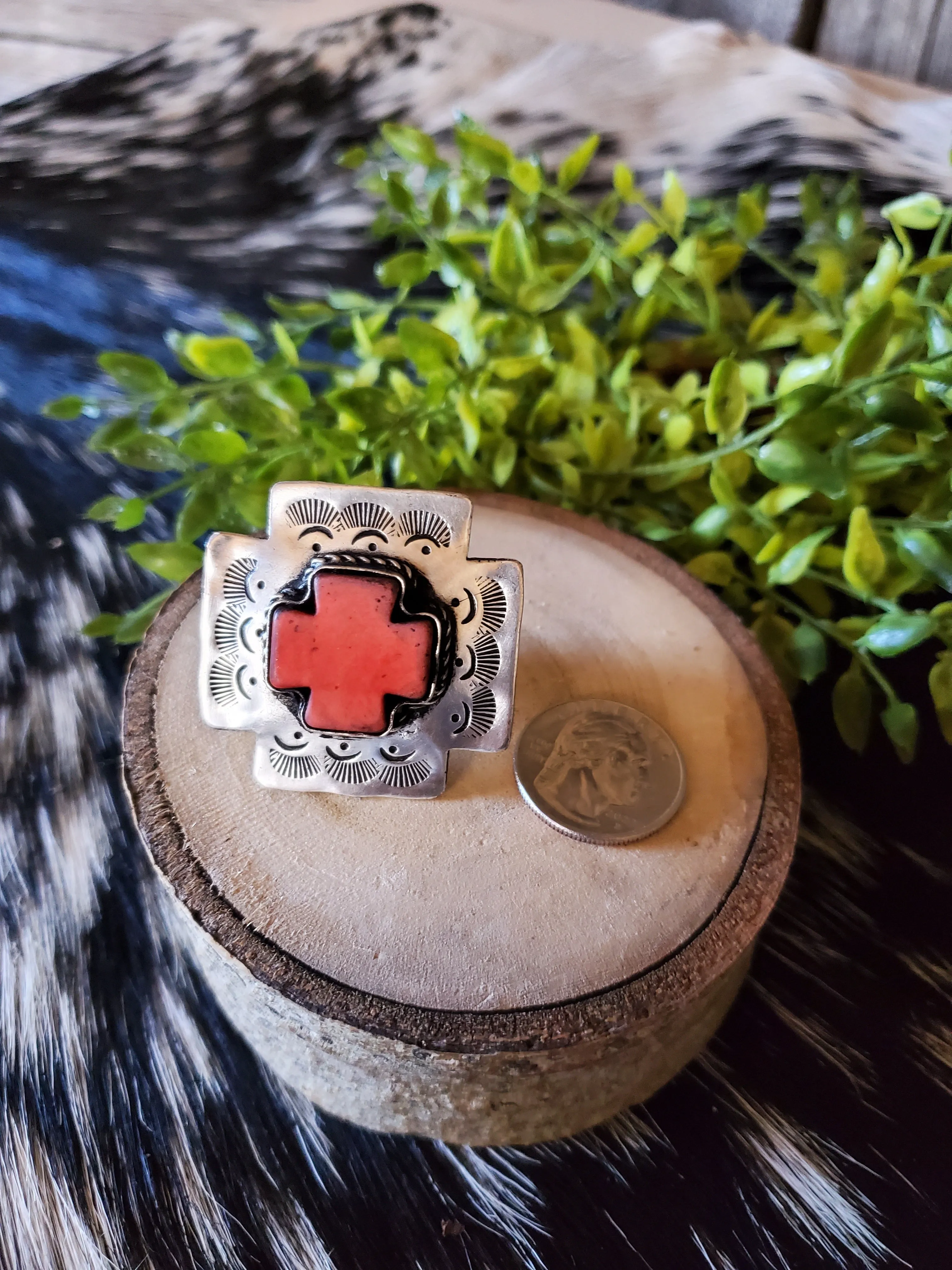 Red and Silver Cross Ring