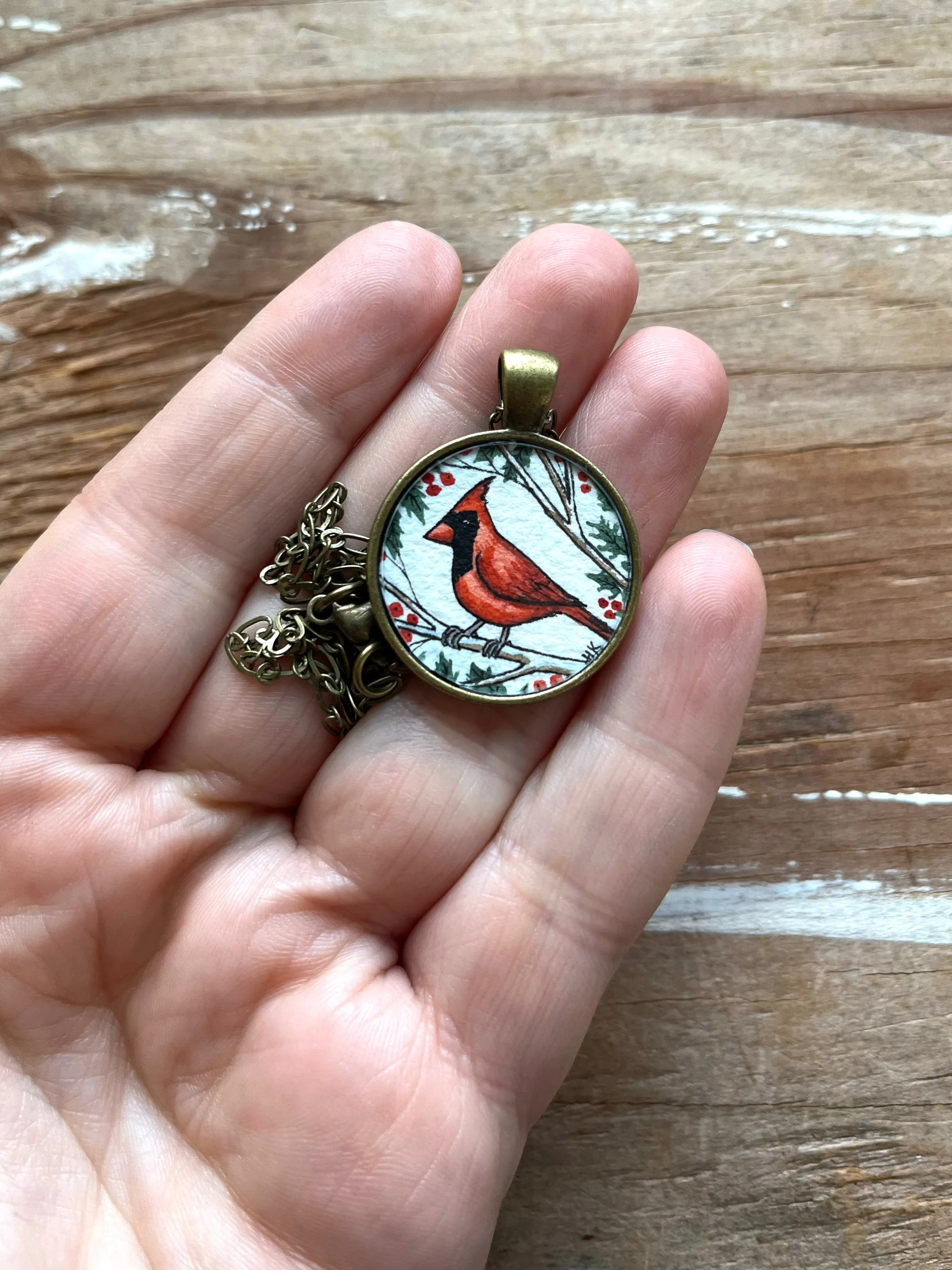 Red Cardinal Necklace, Watercolor Hand Painted Necklace, Original Art Pendant