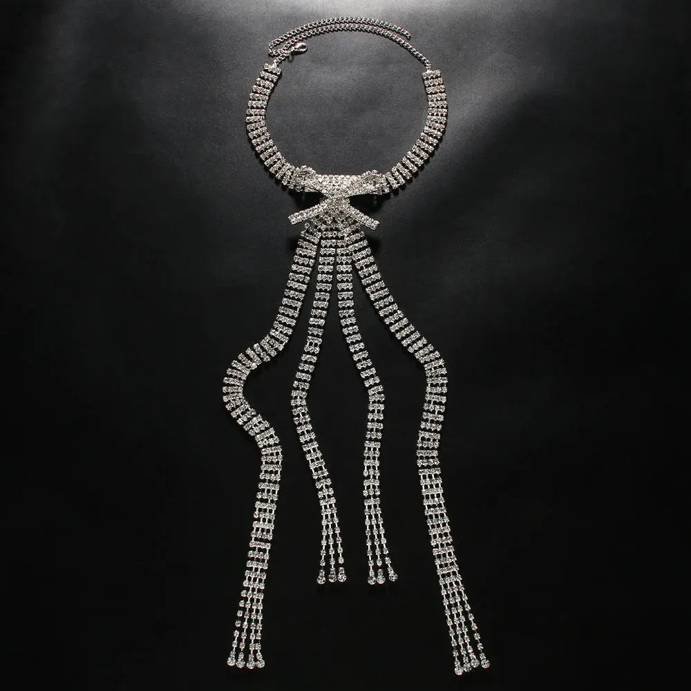 Rhinestone Long Tassel Bow Choker