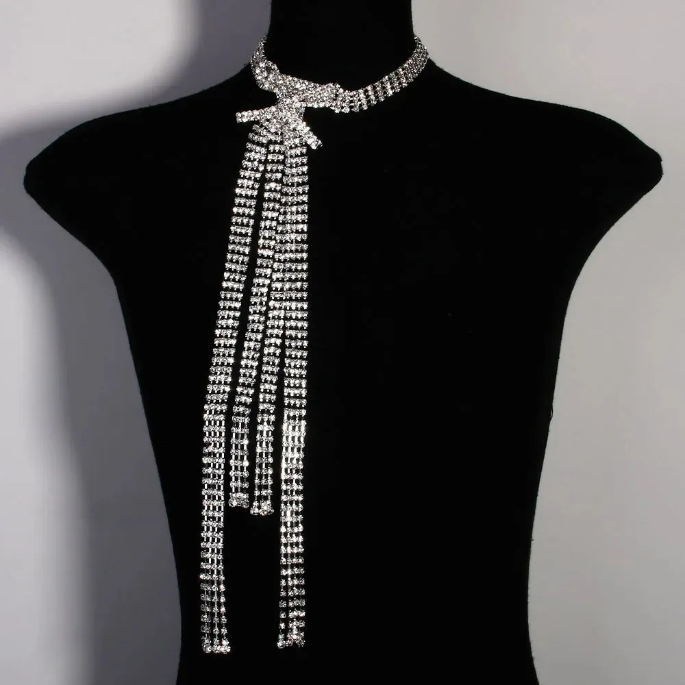 Rhinestone Long Tassel Bow Choker