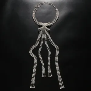 Rhinestone Long Tassel Bow Choker