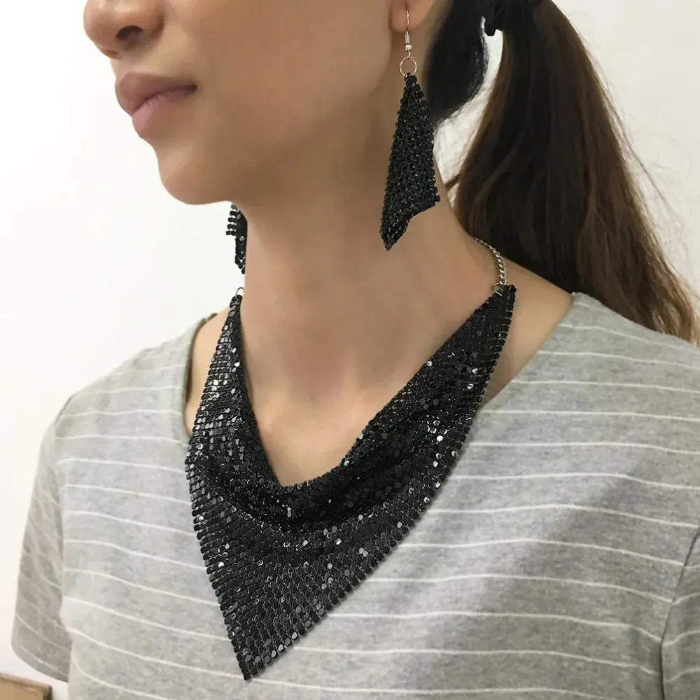 Rhinestone Metal Slice Bib Choker Necklaces Earrings Party Wedding Fashion Jewelry Sets