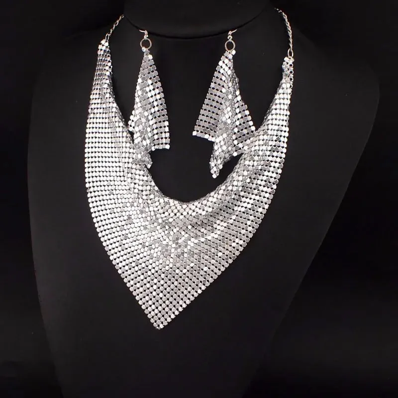 Rhinestone Metal Slice Bib Choker Necklaces Earrings Party Wedding Fashion Jewelry Sets