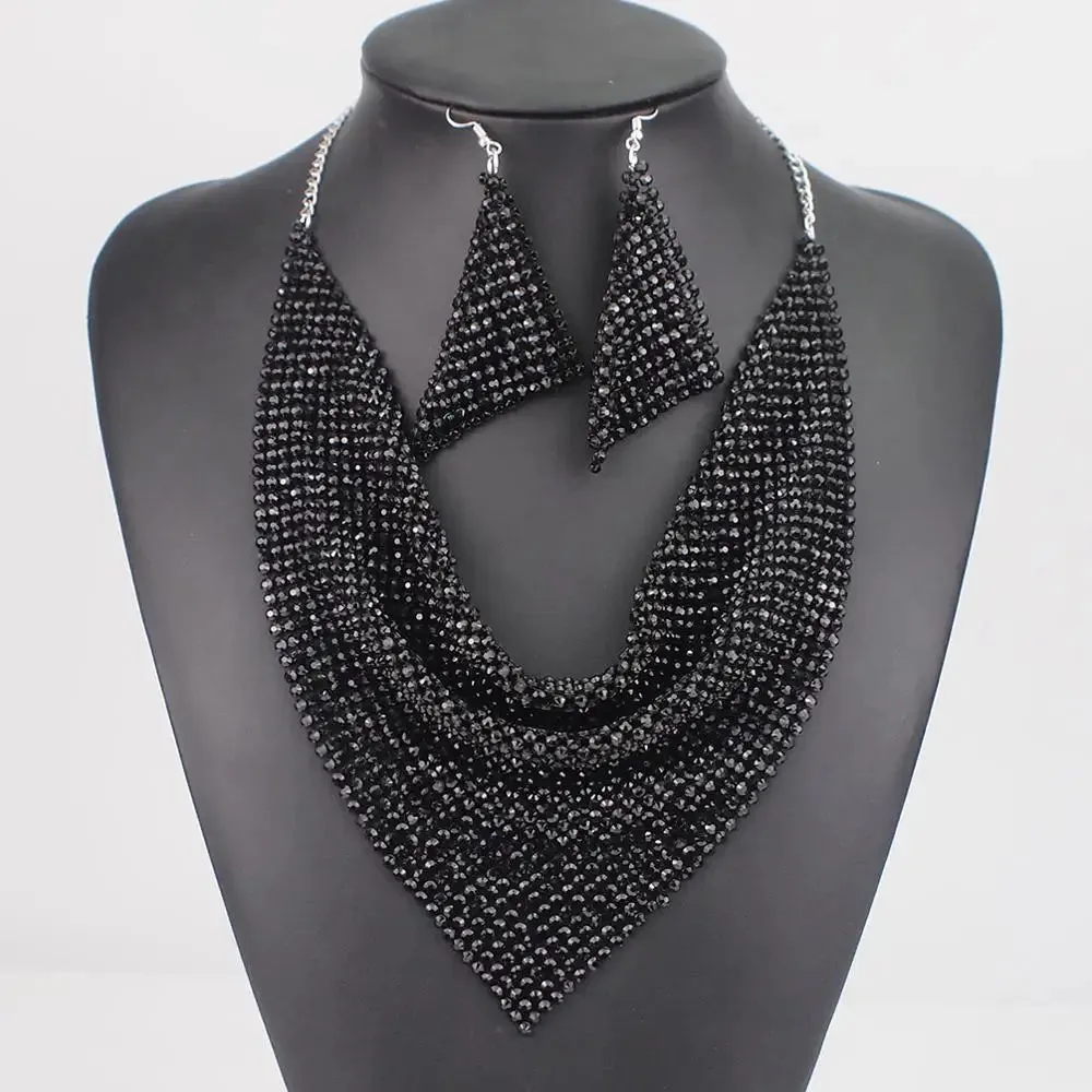 Rhinestone Metal Slice Bib Choker Necklaces Earrings Party Wedding Fashion Jewelry Sets