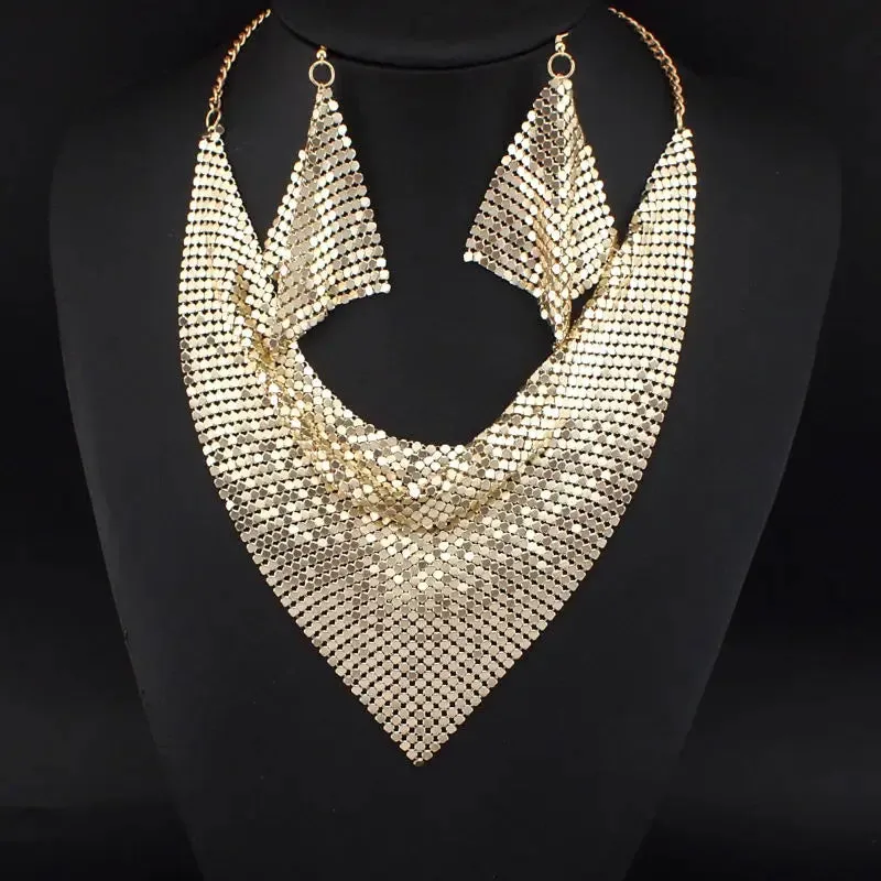Rhinestone Metal Slice Bib Choker Necklaces Earrings Party Wedding Fashion Jewelry Sets