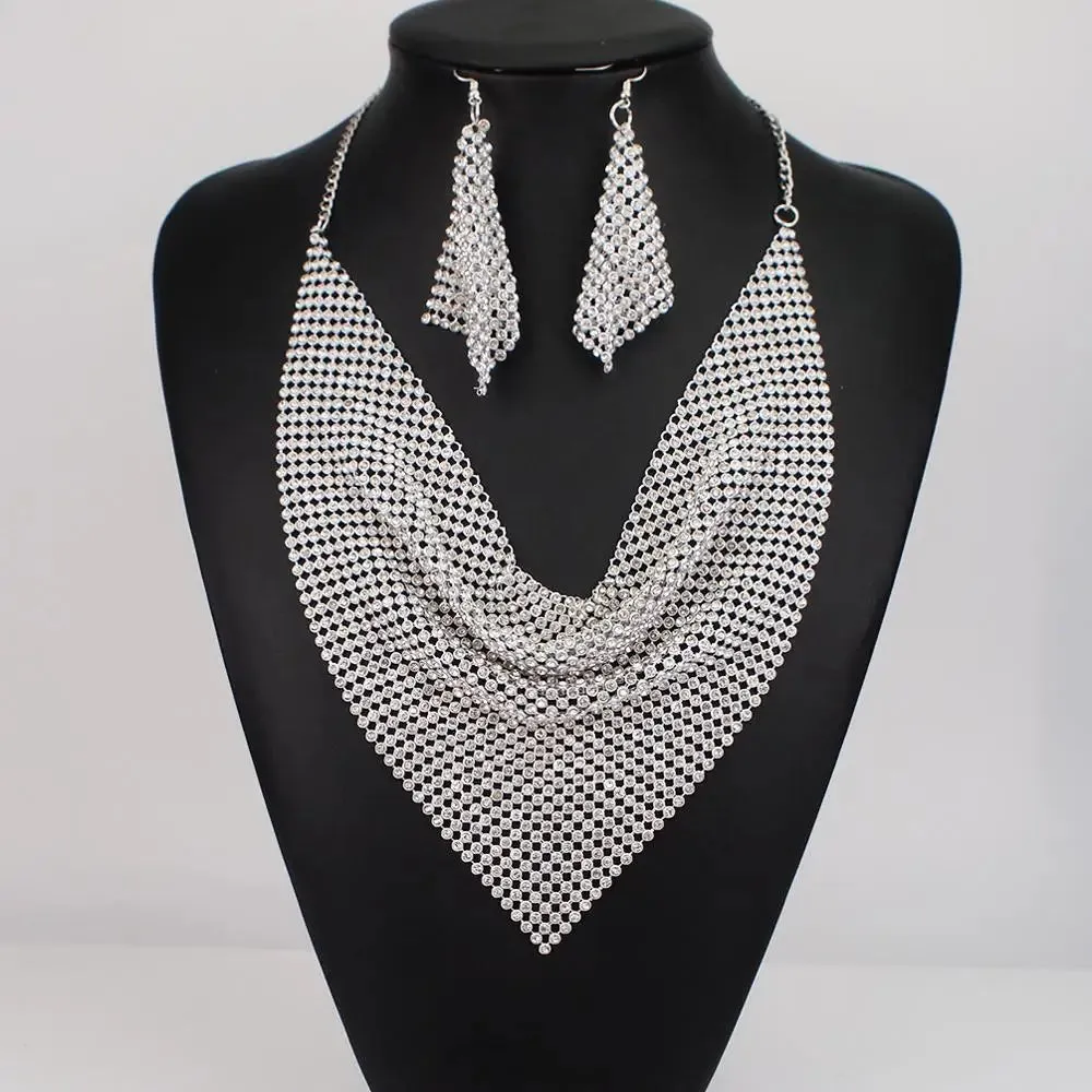 Rhinestone Metal Slice Bib Choker Necklaces Earrings Party Wedding Fashion Jewelry Sets