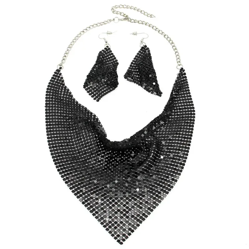 Rhinestone Metal Slice Bib Choker Necklaces Earrings Party Wedding Fashion Jewelry Sets