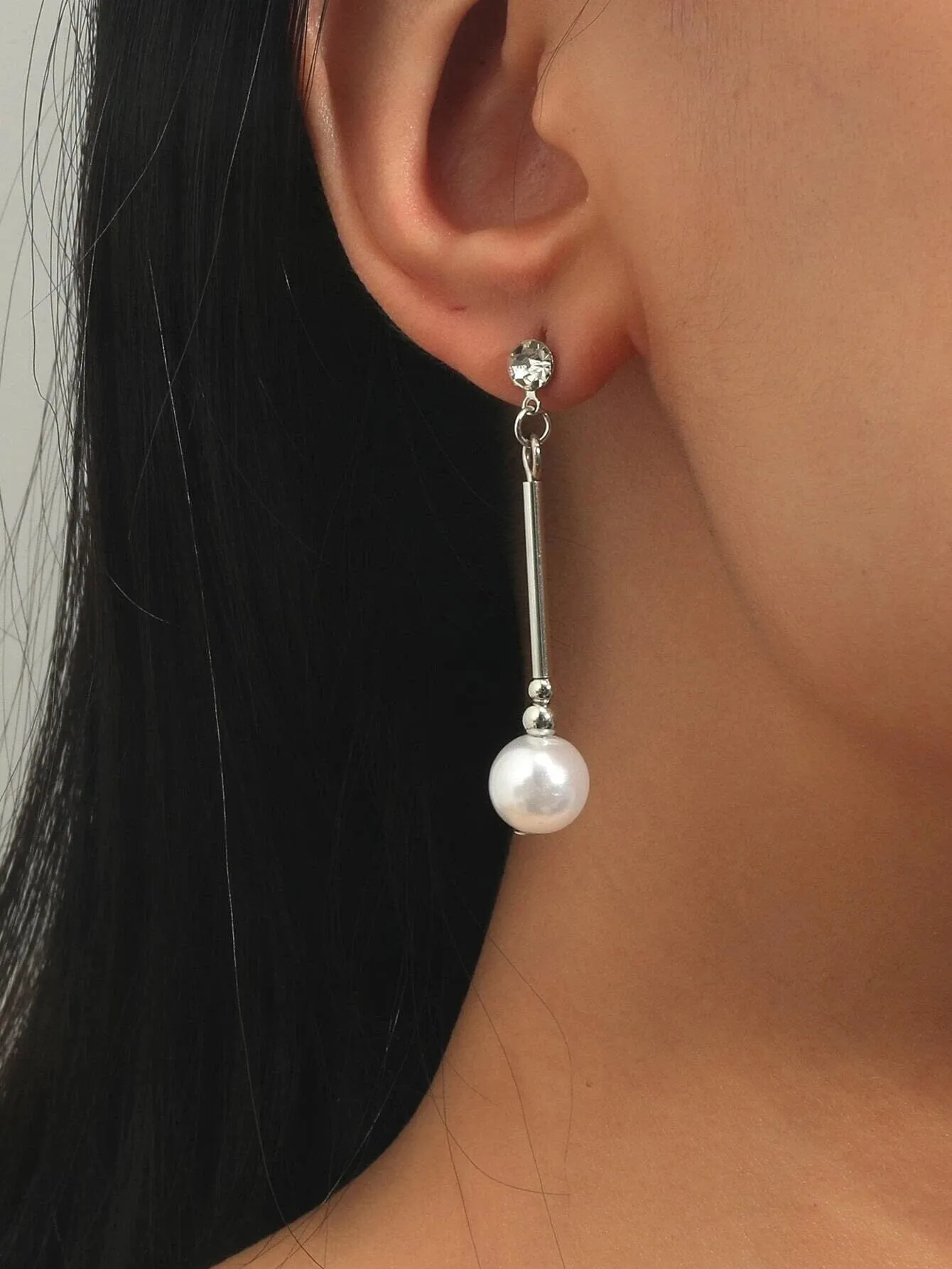 Rhinestone Wedding Bridal Boho Earrings Silver Tone Tube White Pearl Dangle Bridesmaid Fashion Party Prom Stud Earrings 2.0"L