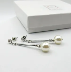 Rhinestone Wedding Bridal Boho Earrings Silver Tone Tube White Pearl Dangle Bridesmaid Fashion Party Prom Stud Earrings 2.0"L