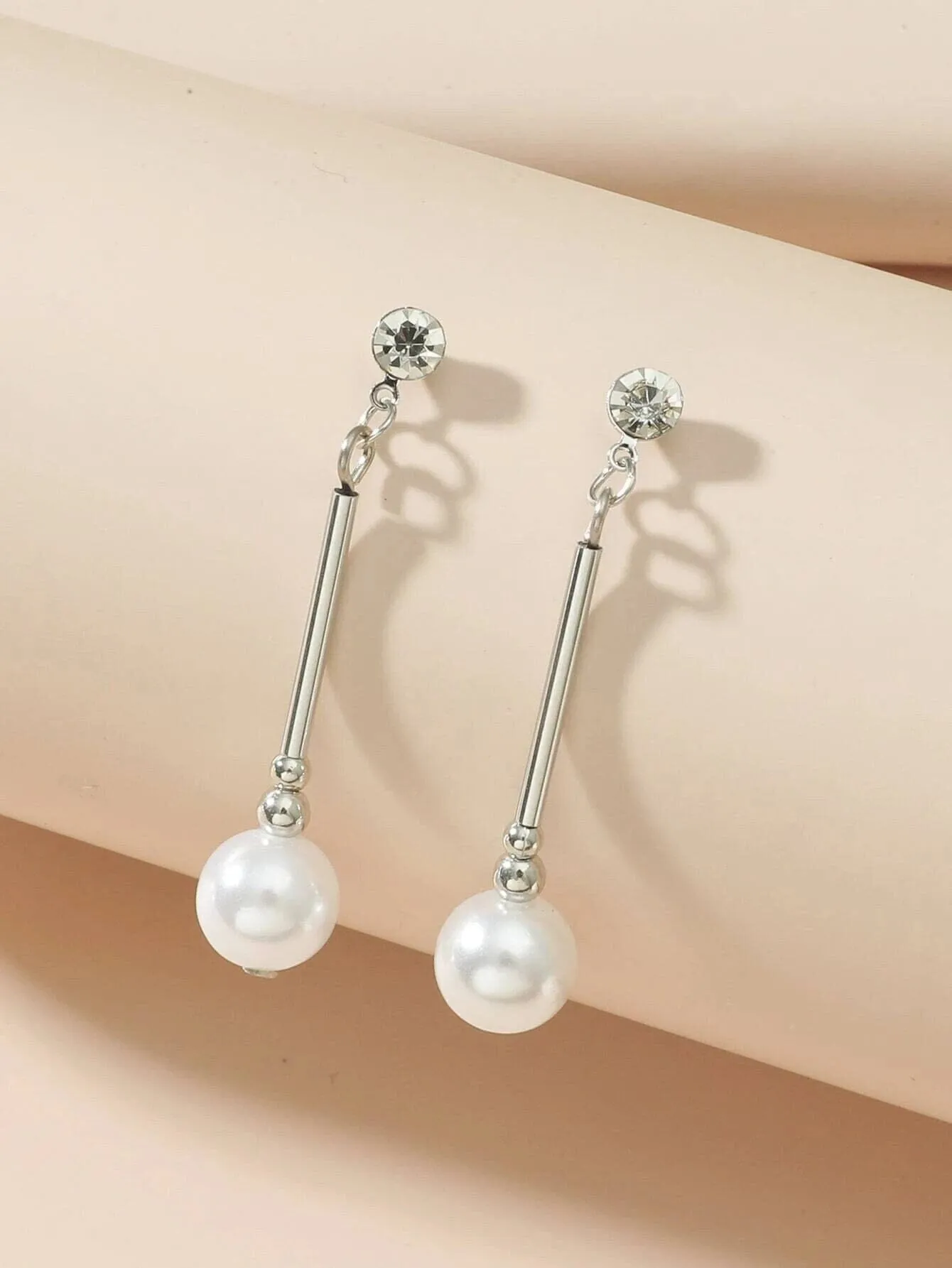 Rhinestone Wedding Bridal Boho Earrings Silver Tone Tube White Pearl Dangle Bridesmaid Fashion Party Prom Stud Earrings 2.0"L