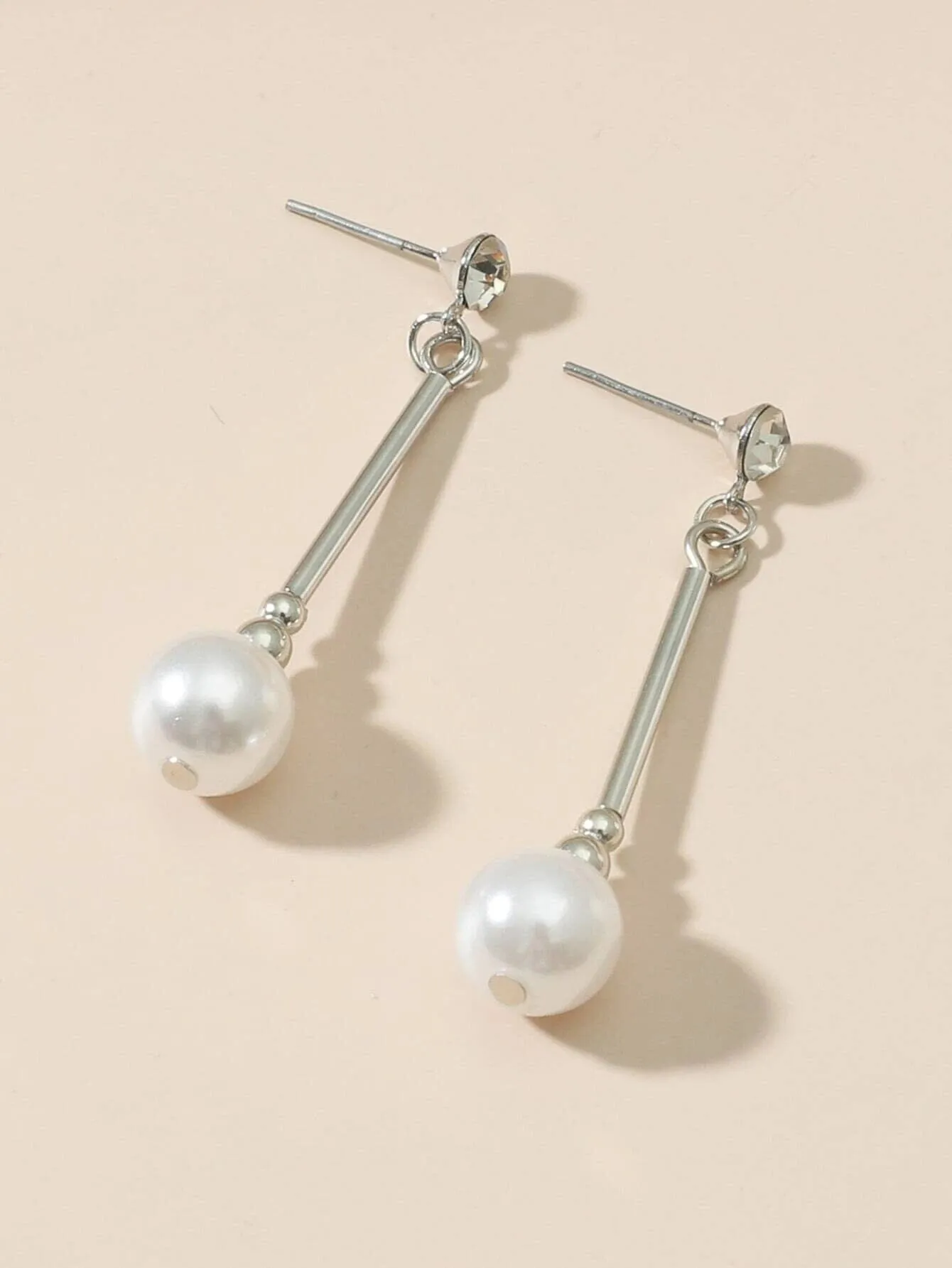 Rhinestone Wedding Bridal Boho Earrings Silver Tone Tube White Pearl Dangle Bridesmaid Fashion Party Prom Stud Earrings 2.0"L