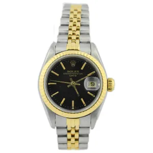 Rolex Ladies Date 18K Yellow Gold & Steel 26mm Black Stick Dial Watch Reference #: 69173
