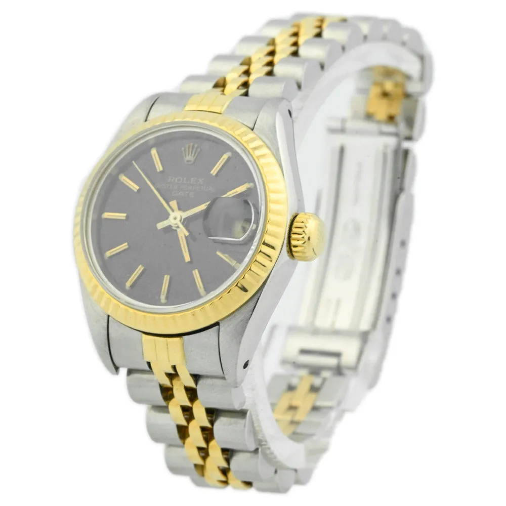 Rolex Ladies Date 18K Yellow Gold & Steel 26mm Black Stick Dial Watch Reference #: 69173