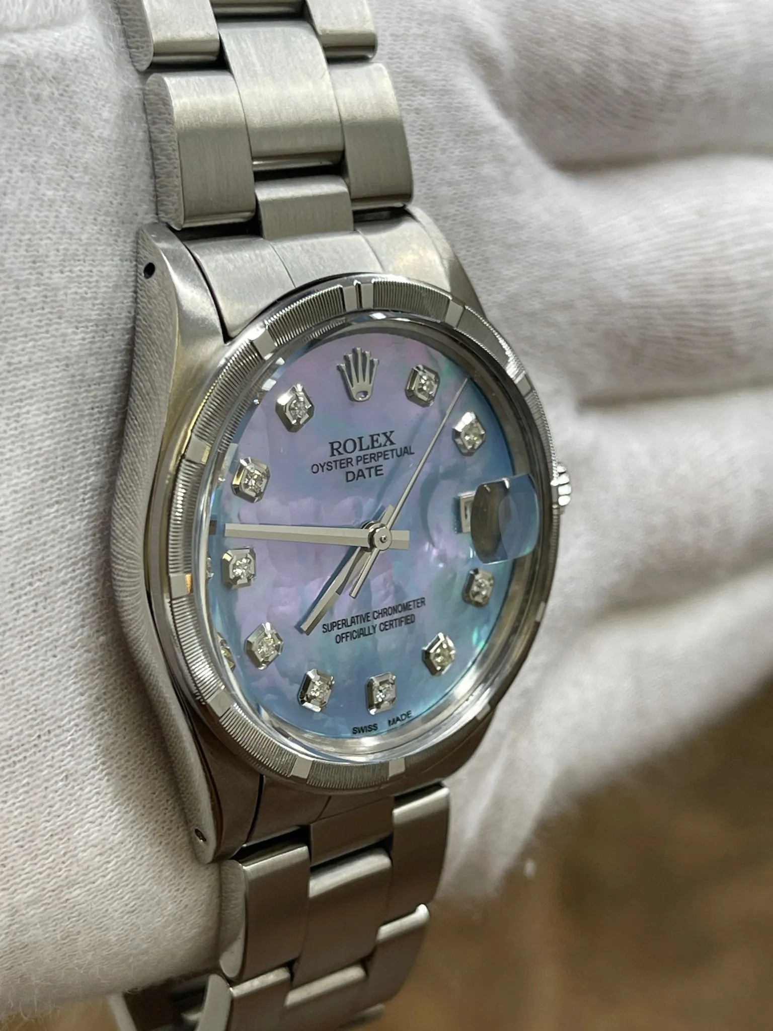 Rolex Oyster Perpetual Date 34mm 15010 Custom Blue MOP Diamond Dial Automatic Watch