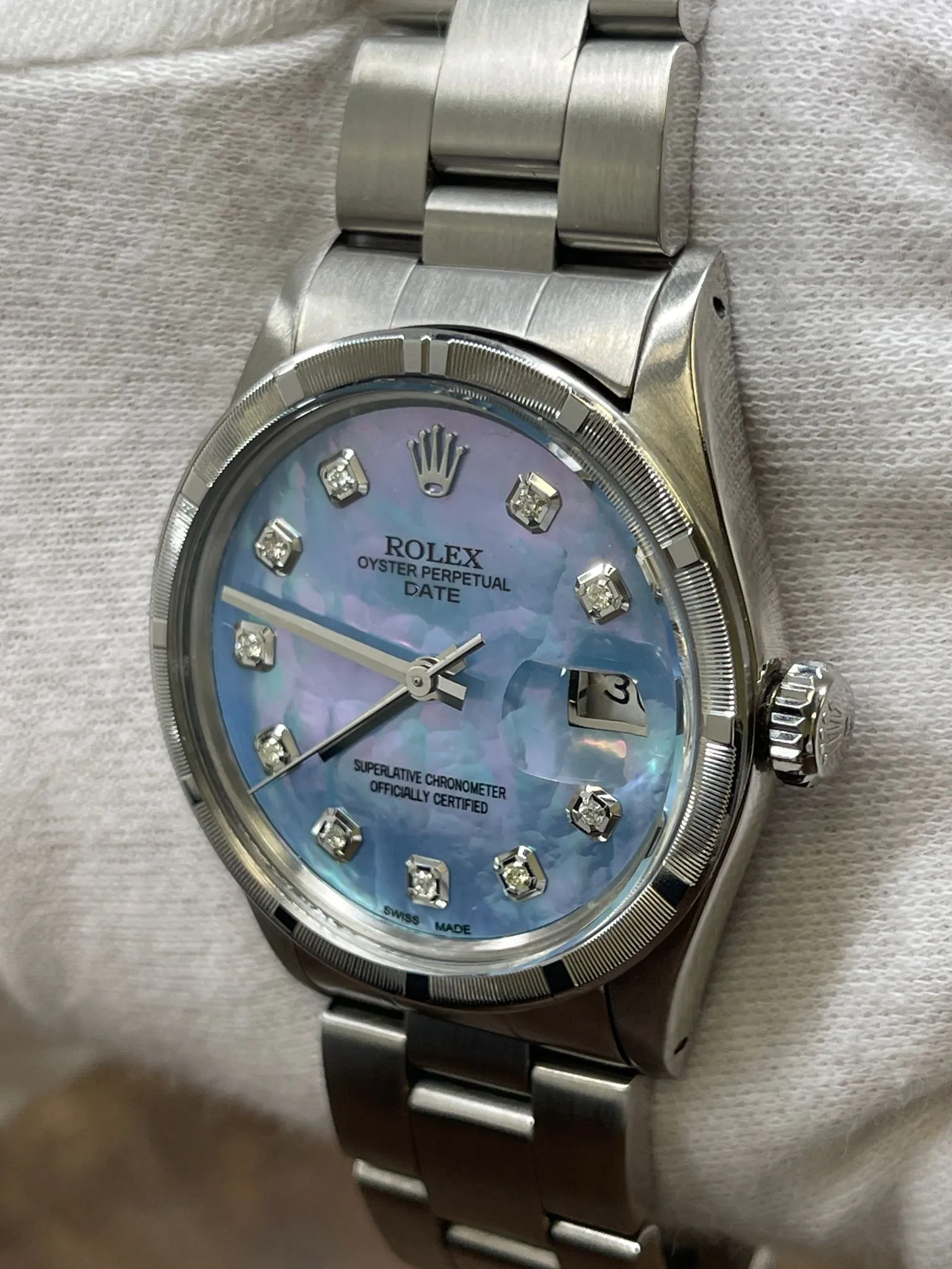 Rolex Oyster Perpetual Date 34mm 15010 Custom Blue MOP Diamond Dial Automatic Watch
