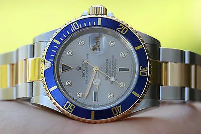 Rolex Submariner 18k Gold Stainless Steel Serti Diamond Sapphire Dial 16613