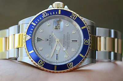 Rolex Submariner 18k Gold Stainless Steel Serti Diamond Sapphire Dial 16613