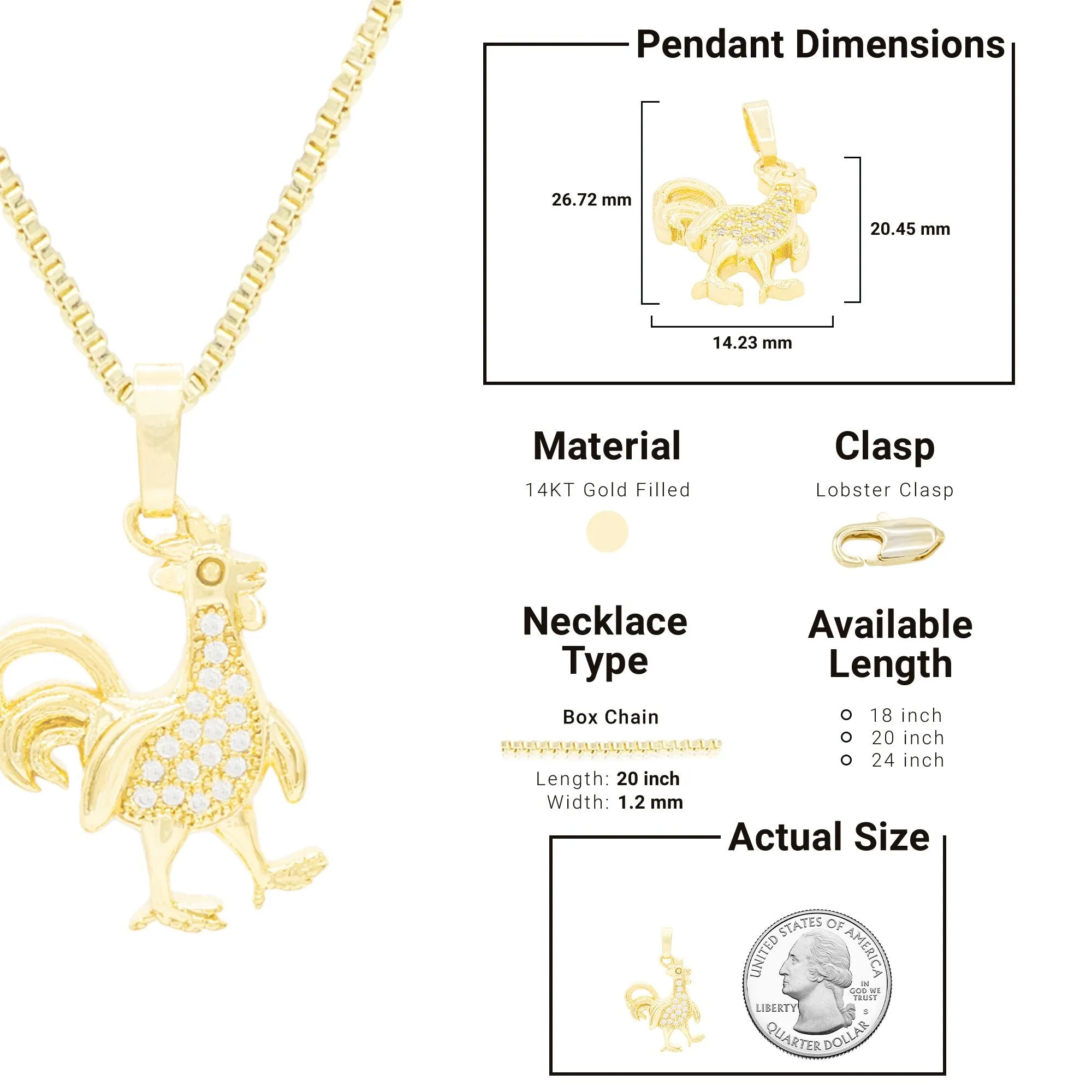 Rooster Cubic Zirconia Pendant With Necklace Set 14K Gold Filled