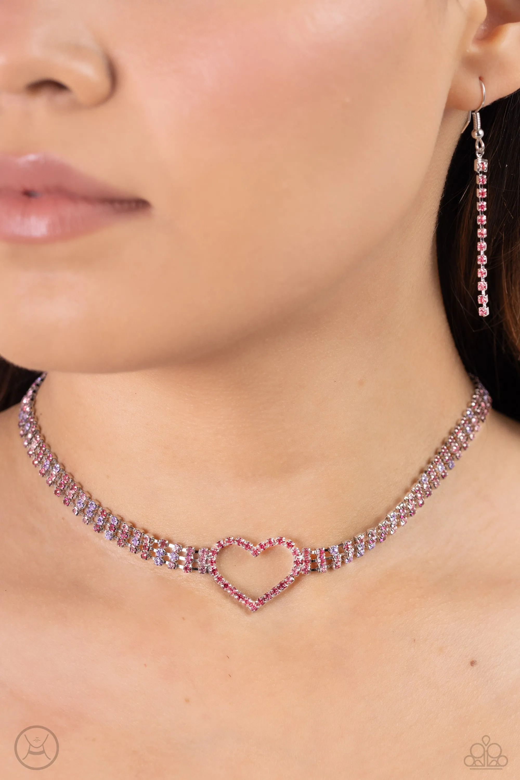 Rows of Romance - Pink - and Purple Rhinestone Heart Paparazzi Choker Necklace