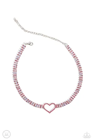 Rows of Romance - Pink - and Purple Rhinestone Heart Paparazzi Choker Necklace