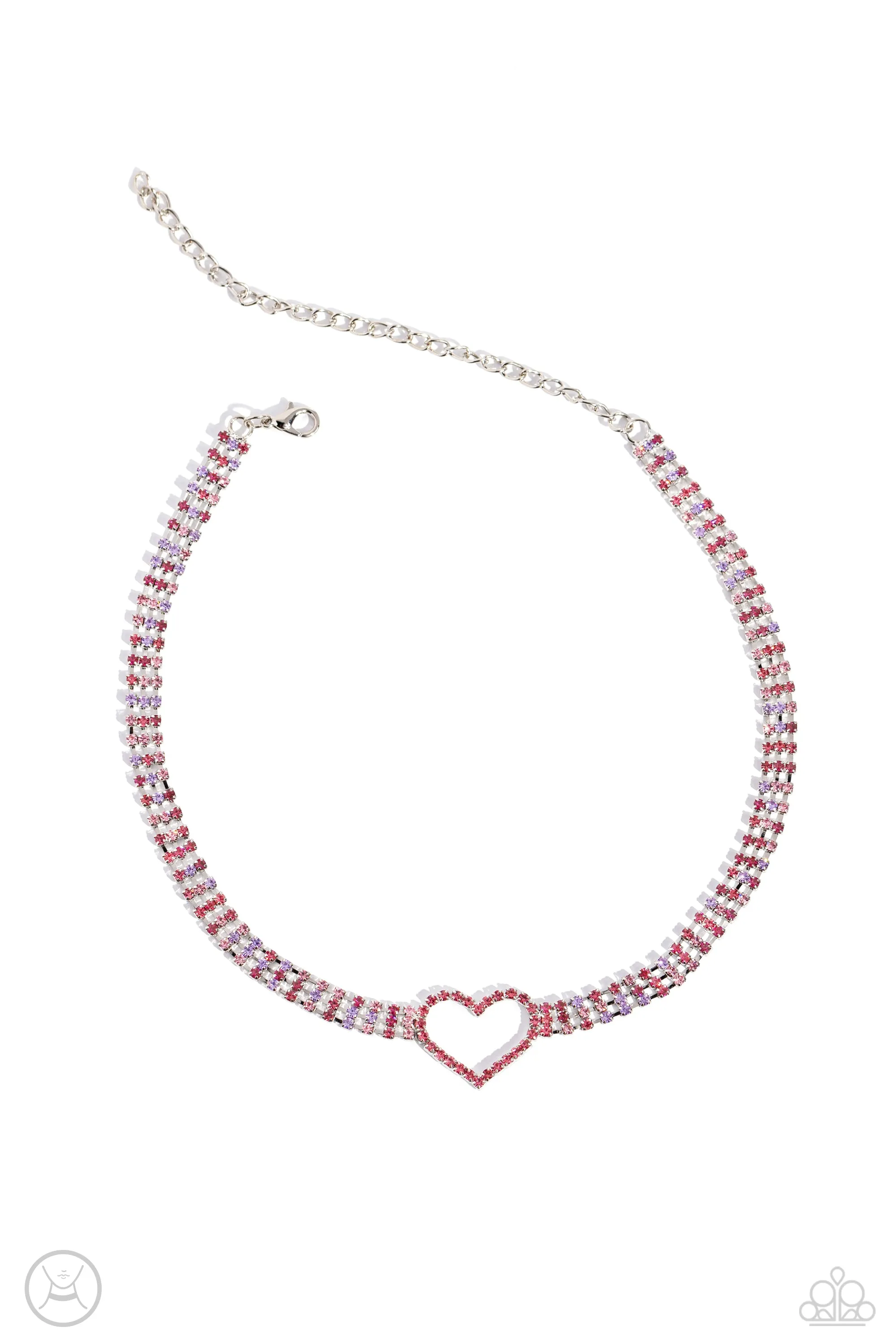 Rows of Romance - Pink - and Purple Rhinestone Heart Paparazzi Choker Necklace