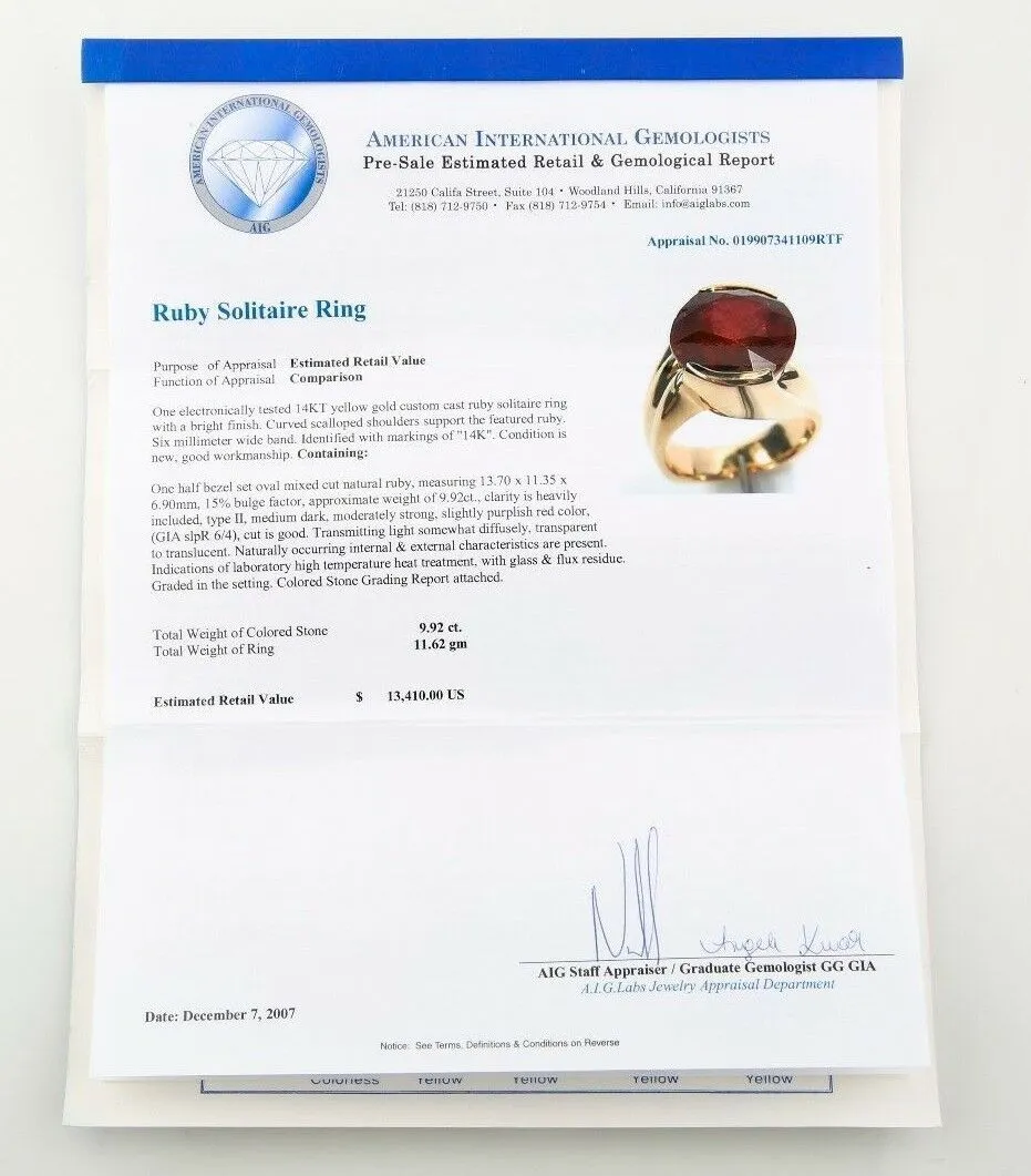 Ruby 9.92 carat Natural Oval Solitaire 14k Yellow Gold Fashion Ring Size 5.5