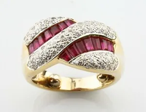 Ruby & Diamond Baguette Cut 18k Yellow Gold Twist Band Ring Size 3.5