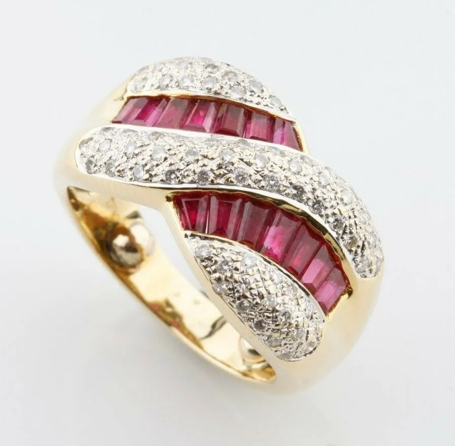 Ruby & Diamond Baguette Cut 18k Yellow Gold Twist Band Ring Size 3.5