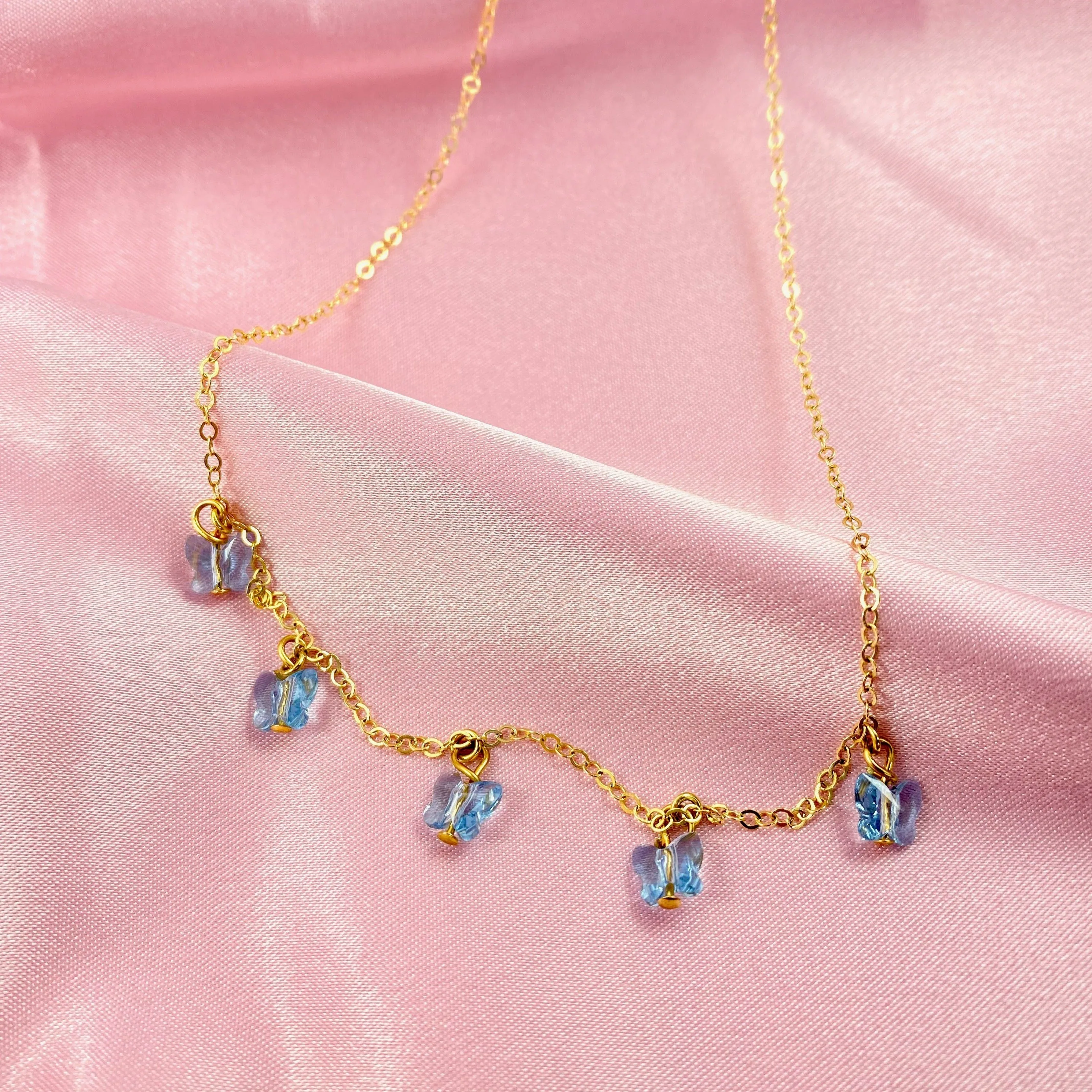 Sea Blue Butterfly Choker 14K Gold Necklace