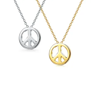 Set of 2 Minimalist World Peace Sign Pendant Necklace Gold Plated Silver