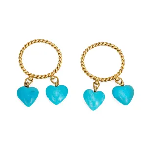 Set of 2 Turquoise Heart Charm Rings Vintage 14k Yellow Gold Stacking Bands