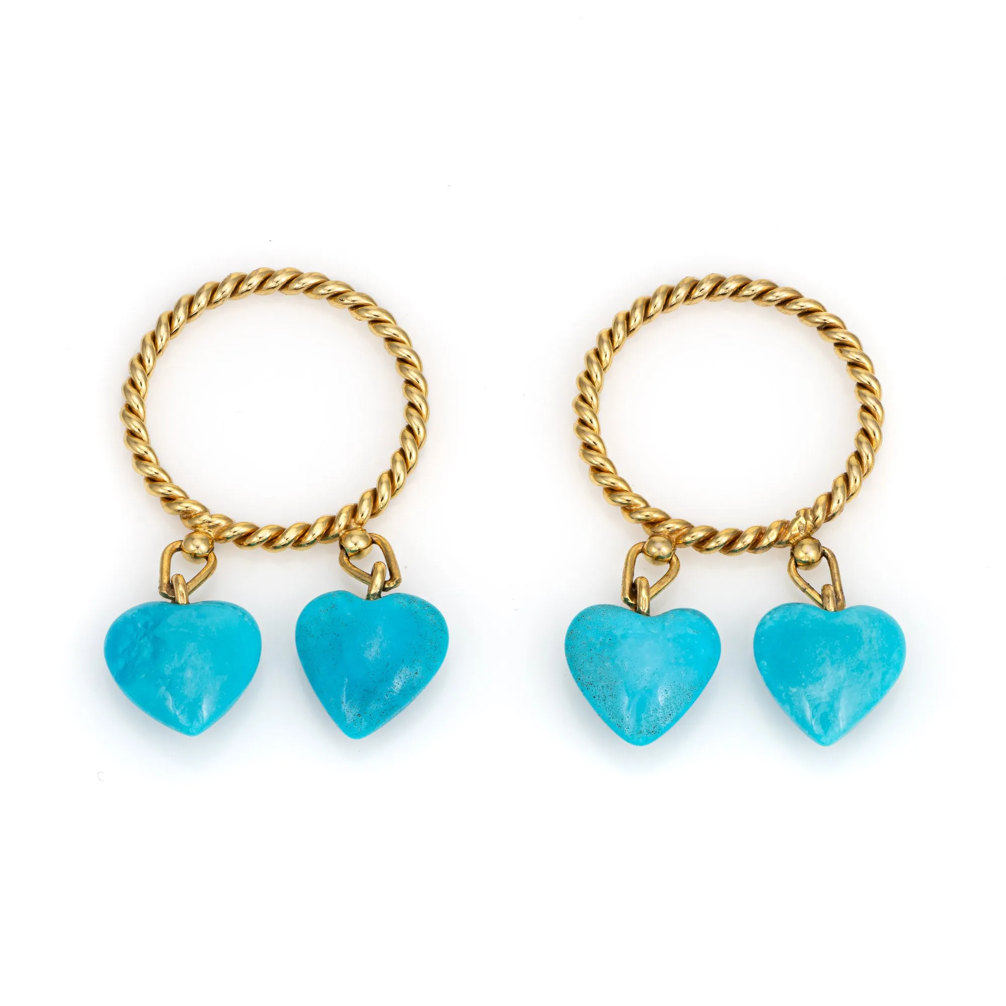 Set of 2 Turquoise Heart Charm Rings Vintage 14k Yellow Gold Stacking Bands