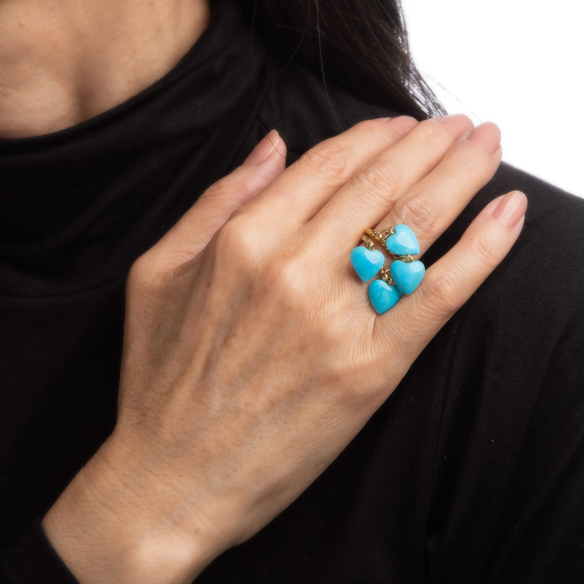 Set of 2 Turquoise Heart Charm Rings Vintage 14k Yellow Gold Stacking Bands