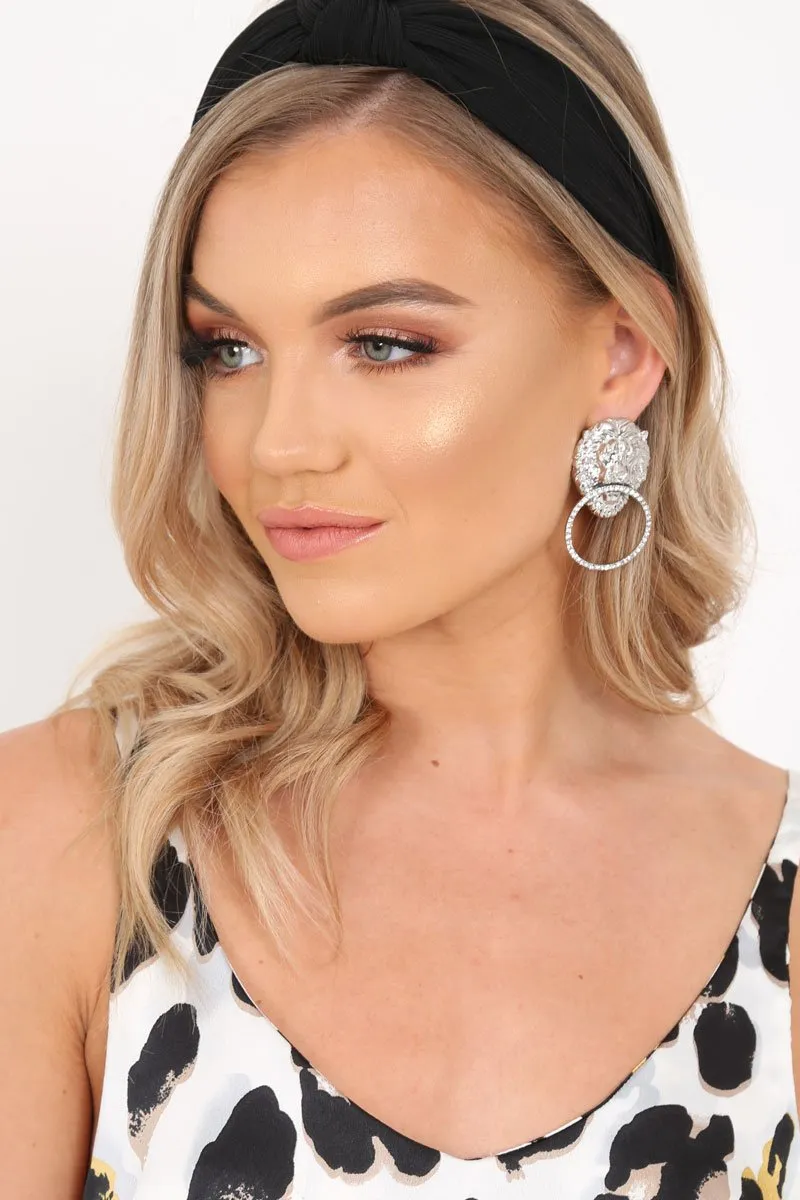Silver Lion Head Diamante Hoop Earrings - Simba
