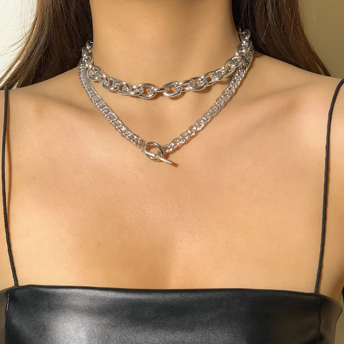Silver-Plated Figaro Toggle Necklace & Cable Chain Choker Necklace
