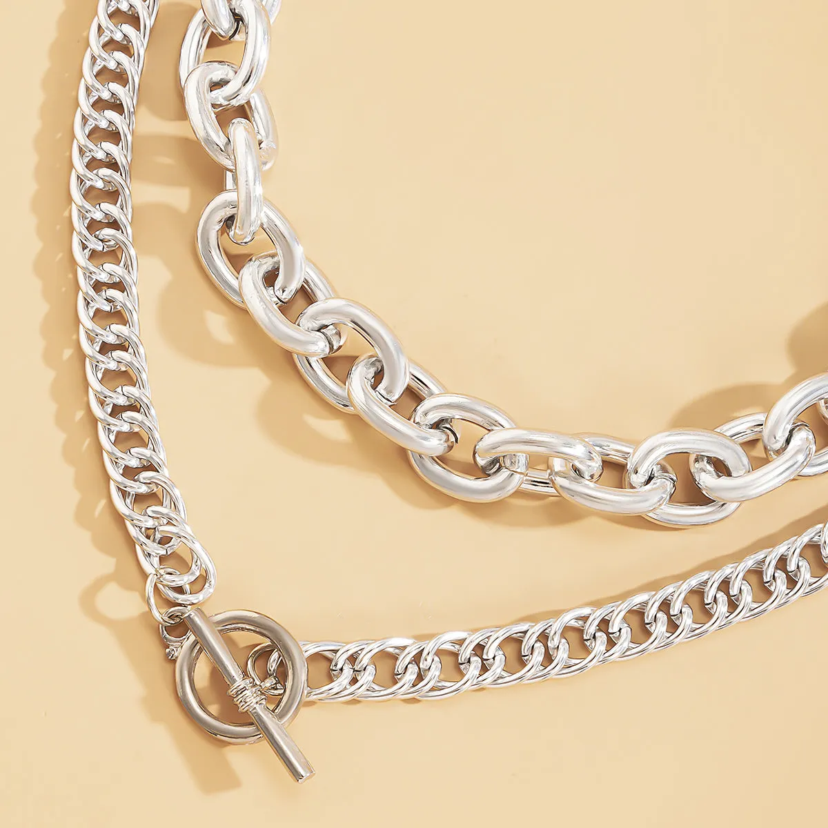 Silver-Plated Figaro Toggle Necklace & Cable Chain Choker Necklace