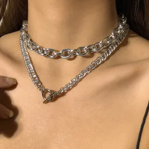 Silver-Plated Figaro Toggle Necklace & Cable Chain Choker Necklace
