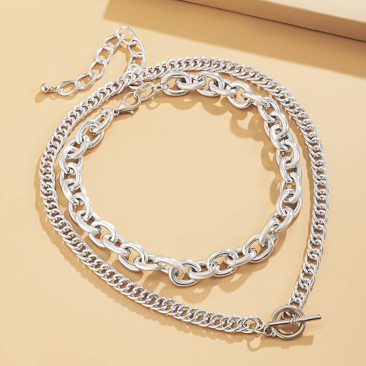Silver-Plated Figaro Toggle Necklace & Cable Chain Choker Necklace