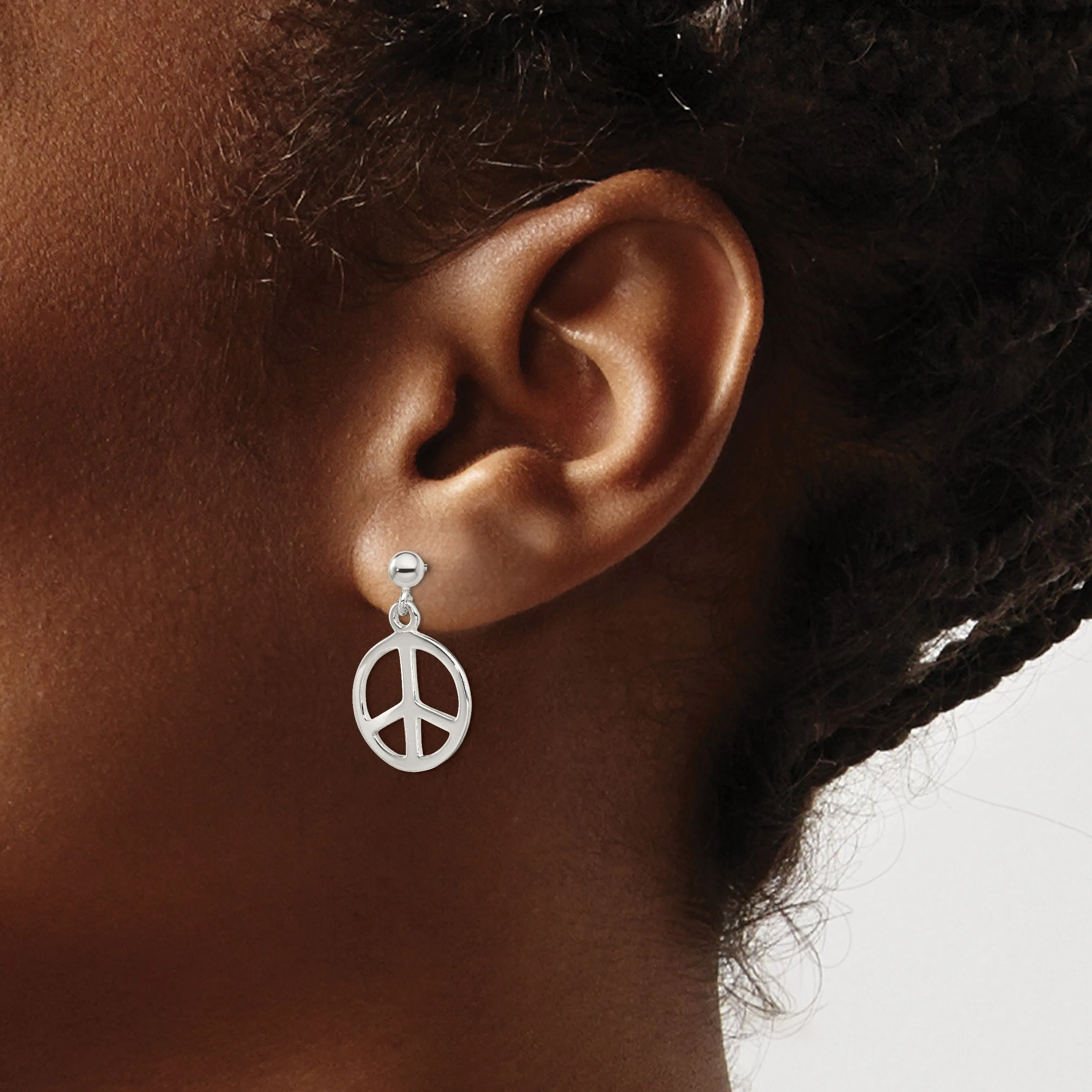 Silver Polished Peace Sign Dangle Post Earrings