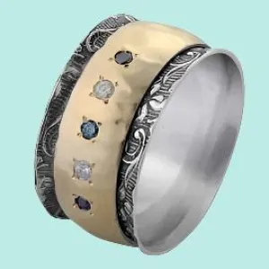 Spinner Ring Jewelry. Sterling Silver and 9kt Gold Ring for woman.  Colored diamonds