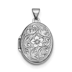 Sterling Silver Rhodium Plated Floral Oval Locket