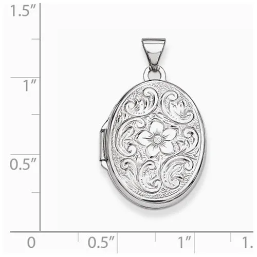 Sterling Silver Rhodium Plated Floral Oval Locket