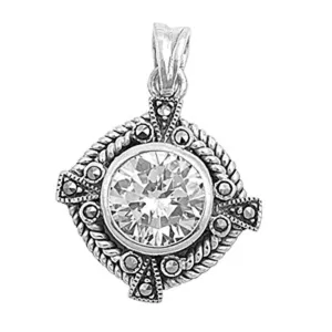 Sterling Silver Vintage Fantasy Circle Medallion Clear Simulated CZ Pendant