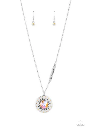 Sundial Dance - Orange - Iridescent Gem Sun "Be the Light" Inspirational Paparazzi Short Necklace