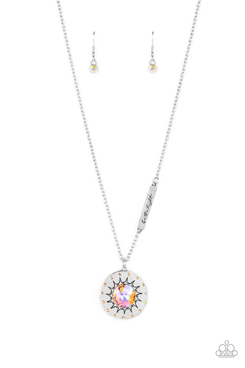 Sundial Dance - Orange - Iridescent Gem Sun "Be the Light" Inspirational Paparazzi Short Necklace