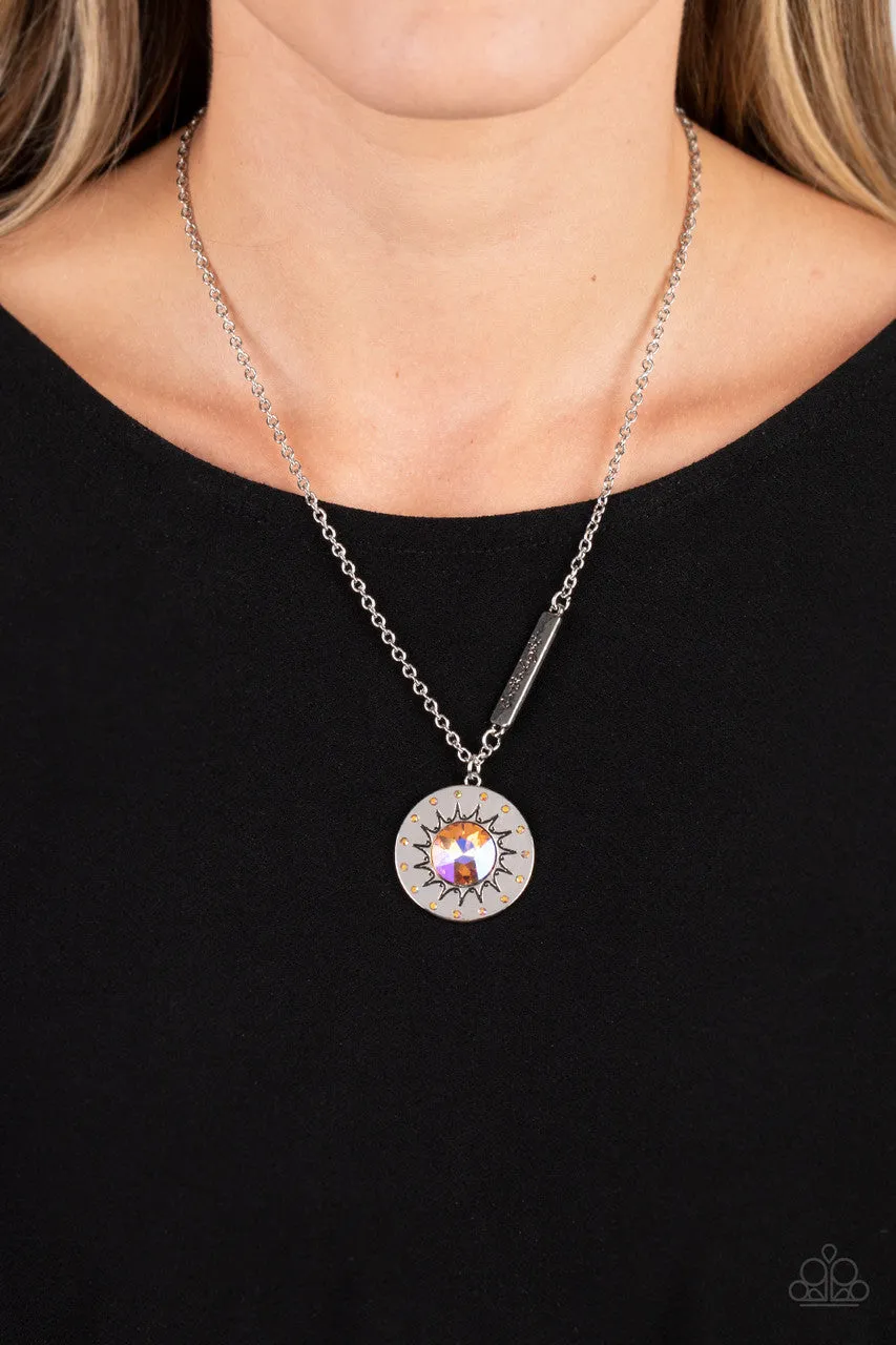 Sundial Dance - Orange - Iridescent Gem Sun "Be the Light" Inspirational Paparazzi Short Necklace
